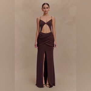 Meshki Brown Cutout Spaghetti-Strap Maxi Dress